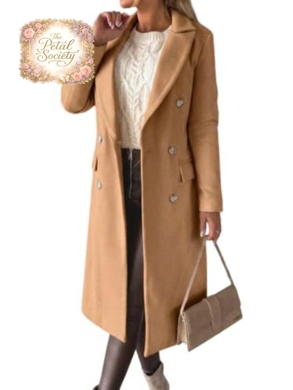 Wool Double Breasted Long Trench Coat Notch Lapel Winter Peacoat